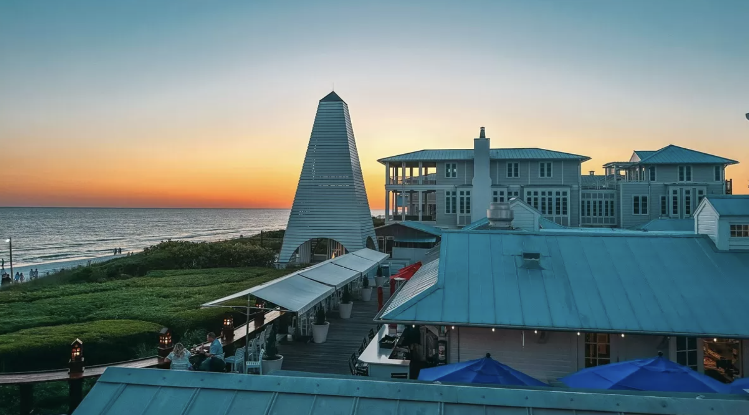 Aerial twilight view of 30A vacation homes along the Emerald Coast